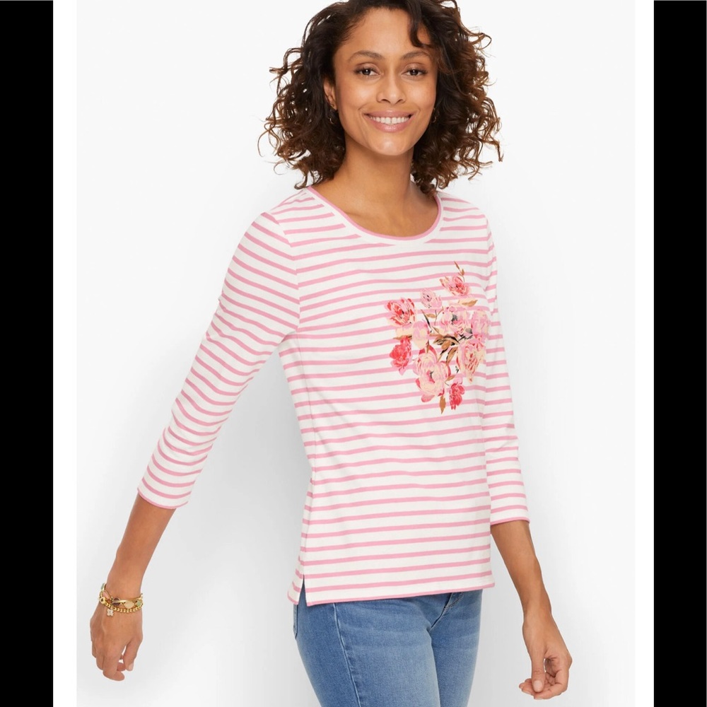 Talbots Scoop Neck, 3/4 sleeve Peony Stripe Tee ( Like new)